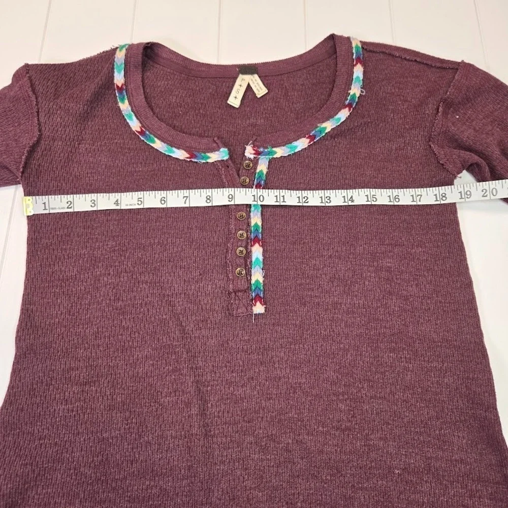 Free People Burgundy Embroidered‎ Braided Thermal Long Sleeve Shirt Size SMALL